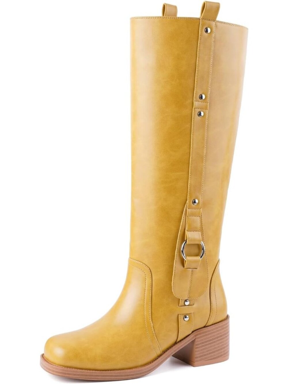 👢Women's Banana Yellow Knee High Boots Square Toe Chunky Block Heel Slouch Free